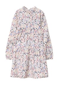 Blumenmusterkleid aus leichtem Stoff, mit rundem Ausschnitt, langen Ärmeln und Rüschenelementen. Die Farben umfassen Creme, Pink, Blau und Marine mit zarten Mustern.