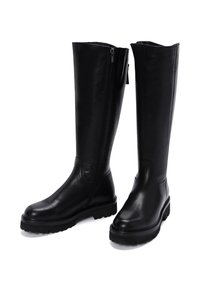 Black leather knee-high boots with a side zipper, smooth texture, rounded toe, and durable rubber sole featuring a tread design.
