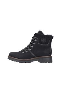 Black leather hiking boots with metal hardware, threaded laces, padded collar, and textured sole. Features a circular logo on the ankle.