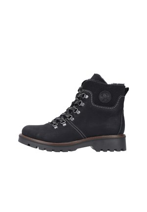 Black leather hiking boots with metal hardware, threaded laces, padded collar, and textured sole. Features a circular logo on the ankle.