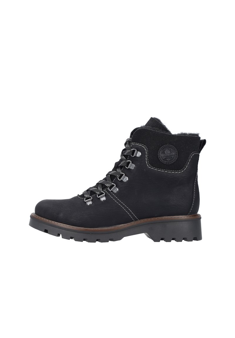 Black leather hiking boots with metal hardware, threaded laces, padded collar, and textured sole. Features a circular logo on the ankle.