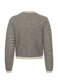 Maglione lavorato a maglia con un design cropped in grigio chiaro, caratterizzato da un motivo a pois in grigio scuro. Collo rotondo e maniche lunghe.