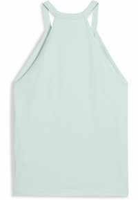 Lichtgroene zonder mouwen top met een hoge halslijn, racerback ontwerp en een gladde, zachte stoftextuur. Eenvoudige, schone lijnen zonder versieringen.