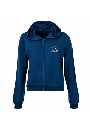 Hoodie zippé bleu marine avec capuche, manches longues, poignets et ourlet côtelés, arborant le logo blanc "Emporio Armani Milano" sur le côté gauche de la poitrine.