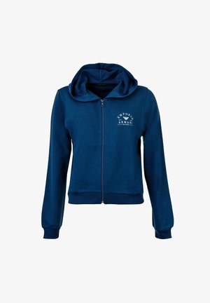 Navyblauwe hoodie met ritssluiting, capuchon, lange mouwen, geribbelde manchetten en zoom, met witte "Emporio Armani Milano"-logo op de linkerborst.