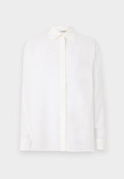White long-sleeve shirt with a pointed collar, button front, and a smooth, lightweight fabric. Features a straight cut and cuffed sleeves.