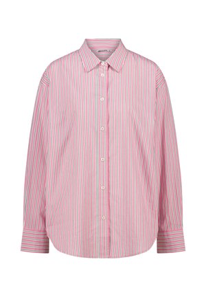 Camicia a righe rosa e bianche con dettagli verdi, chiusura con bottoni davanti, colletto a punta e maniche lunghe con dettagli sui polsini.