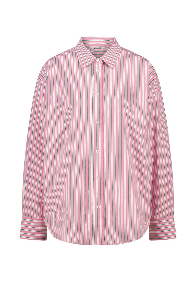 Pink and white striped shirt with green accents, button-up front, pointed collar, and long sleeves with cuff detailing.
