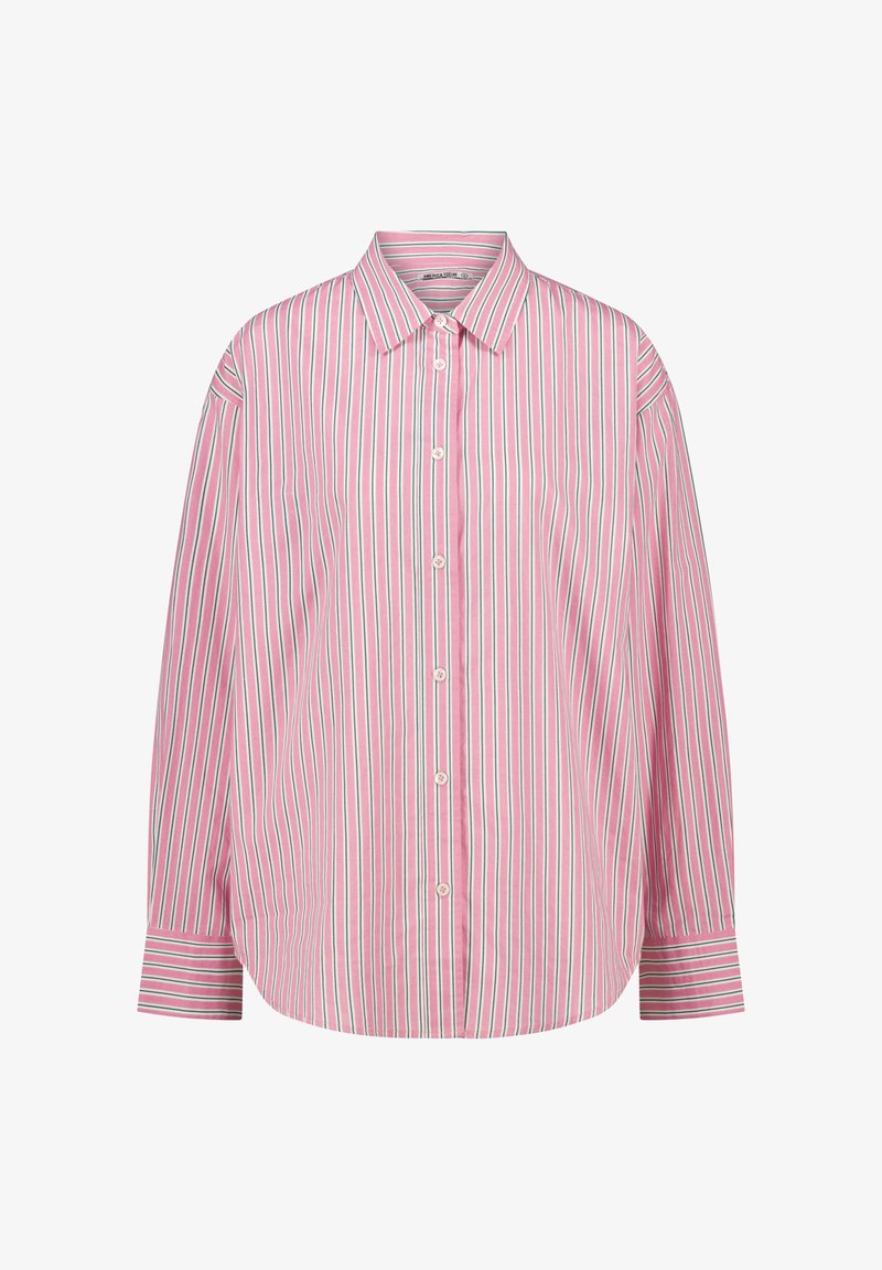 Pink and white striped shirt with green accents, button-up front, pointed collar, and long sleeves with cuff detailing.