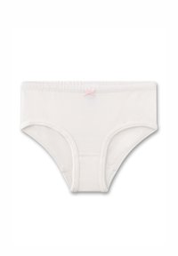 Witte katoenen slips met een zachte textuur, voorzien van een lichtroze strikaccent aan de voorkant en een elastische tailleband.