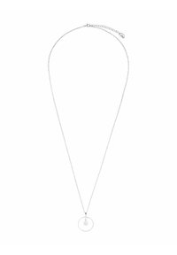 Collana in argento con pendente circolare, caratterizzato da una piccola perla bianca all'interno. Design semplice, texture liscia.