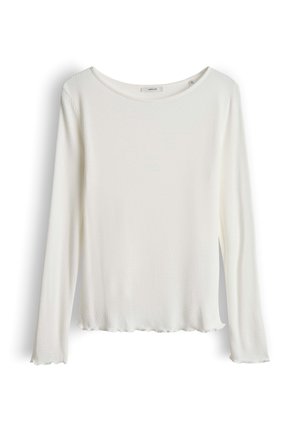 Weißes Langarmshirt aus strukturiertem Rippstrick, mit rundem Ausschnitt und gewelltem Saum. Weiche Textur, lässiges Design, mit entspannter Passform.