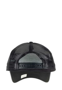 Black trucker cap with mesh back, flat brim, and adjustable snap closure. Features a solid black front panel and grey lining inside.