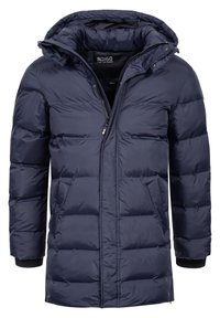 Marineblauer Puffercoat mit Kapuze, ausgestattet mit einem Vorderreißverschluss, zwei seitlichen Taschen und gerippten Bündchen. Hergestellt aus gestepptem Material zur Isolierung.