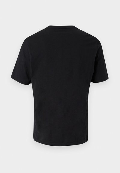 Black cotton t-shirt, short sleeves, crew neck, smooth texture, straight hem, minimal stitching details, no visible patterns or accents.