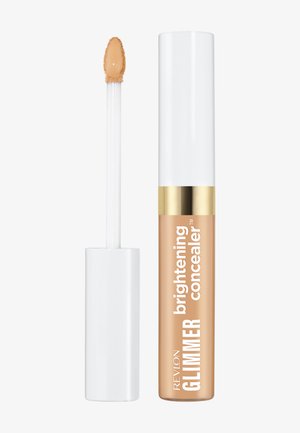 Anticernes illuminateur Revlon Glimmer avec un bouchon blanc et un applicateur, montrant un anticernes liquide beige clair sur la pointe.