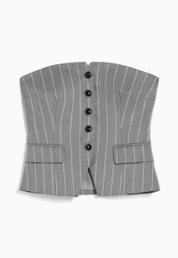 Szary koronkowy top bez ramiączek w paski z przodu z czarnymi guzikami i dwiema kieszeniami klapkowymi, o wyrafinowanym i dopasowanym kroju.