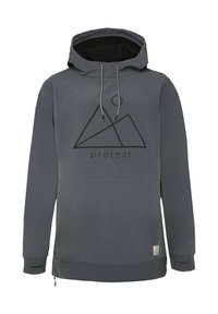 Kapuzensweatshirt in dunkelgrau, aus glattem Stoff gefertigt. Verfügt über einen geometrischen schwarzen Druck und verstellbare Kordeln sowie gerippte Bündchen an den Ärmeln.