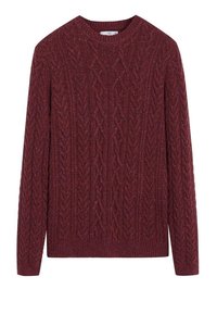 Pull en maille torsadée bordeaux avec col rond, manches longues et ourlet côtelé. Motif texturé avec de petites taches partout. Matière douce.