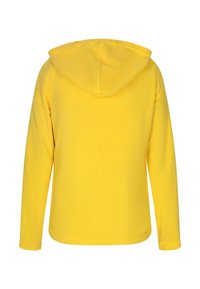 Felpa gialla con cappuccio, materiale morbido, maniche lunghe, design senza cuciture, orlo piatto e una cucitura centrale sul retro per la struttura.
