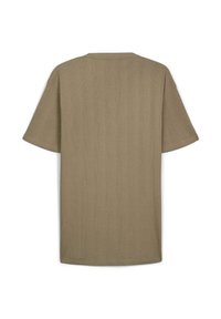 T-shirt khaki a maniche corte con texture a coste e design a taglio dritto. Presenta un collo rotondo e senza cuciture visibili sul retro.
