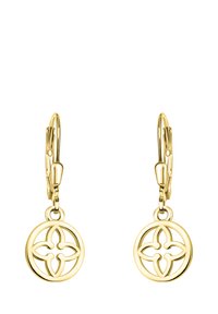 Guldtonade hängande örhängen med cirkulära berlocker som har en blommig fyrklöverdesign och öppet mönster. Lätta och eleganta.
