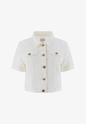 Balta trumpa džinsinė striukė su trumpomis rankovėmis, auksinėmis sagomis, dviem krūtinės kišenėmis ir smailiu apykakle. Tinka laisvalaikio aprangai.