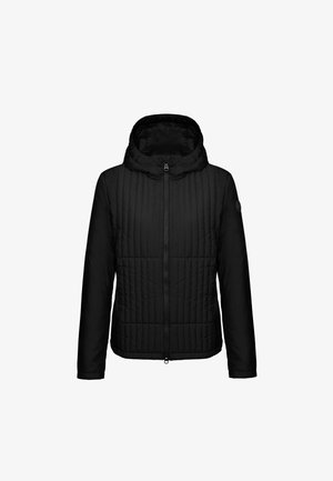 Black quilted jacket with a hood, featuring vertical stitching, a front zipper, and a smooth texture. One sleeve has a round logo detail.