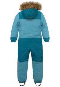 Blauer Schneeanzug mit einer mit Fell gefütterten Kapuze, ausgestattet mit einem zweifarbigen Design, elastischen Bündchen und verstärkten Akzenten. Wasserdichtes Material.