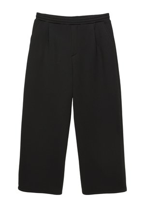 Zwarte wijde broek met elastische tailleband en zijzakken, gemaakt van zachte, gestructureerde stof.