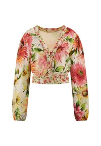 Bloemrijk cropped blouse met lange mouwen, een diepe V-hals en meerkleurige bloemenpatronen op een lichte stof achtergrond.