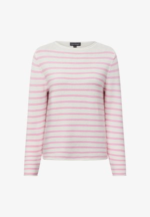 Striped sweater in white and light pink, featuring long sleeves, a round neckline, and a textured knit fabric.