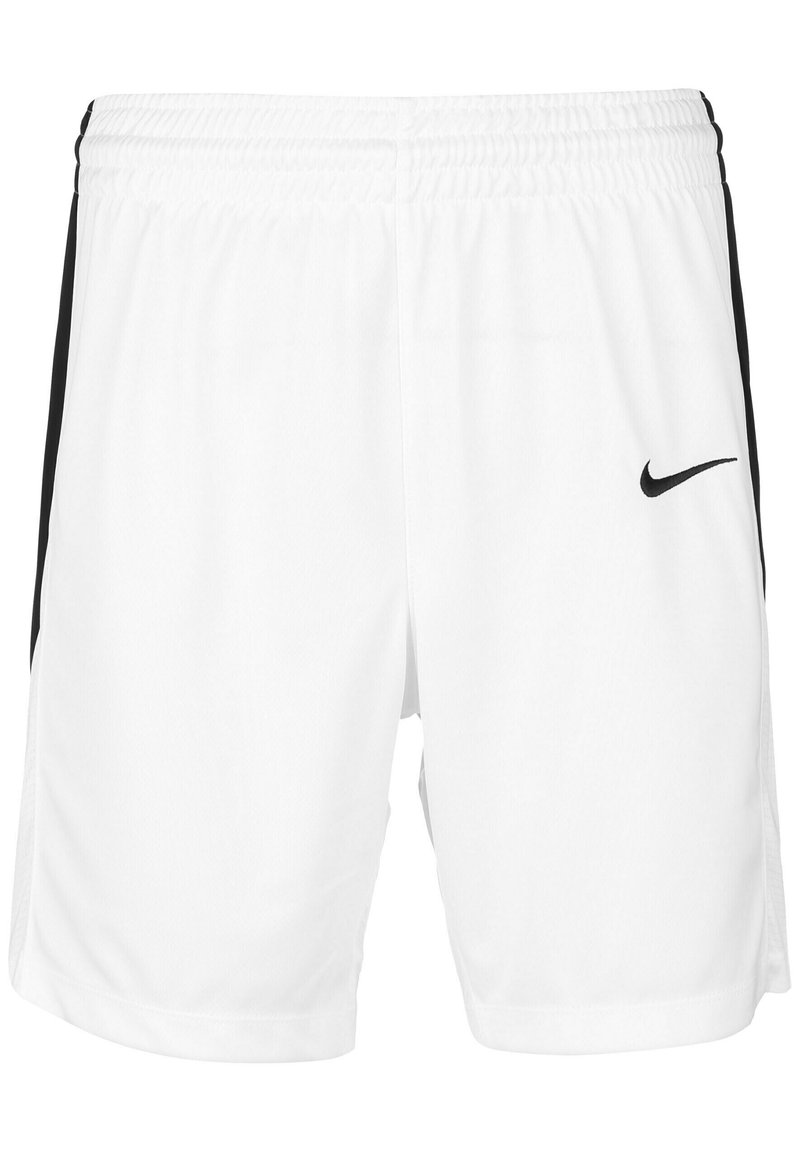Pantaloni sportivi bianchi con una cintura elastica, pannelli laterali neri e un piccolo logo Nike nero sul lato anteriore destro.