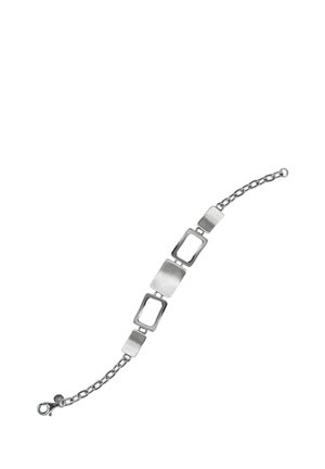 Silver bracelet with alternating solid and open rectangular links and a chain clasp on a white background.