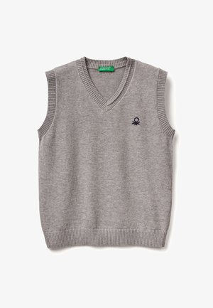 Gilet in maglia grigio con scollatura a V, bordi a costine e un piccolo logo scuro a sinistra. Tessuto morbido, design senza maniche.