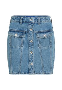 Denim krilo v svetlo modri barvi z gumbi na spredi, dvema žepoma na prsih in strukturiranimi šivi. Narejeno iz bombaža, ima nekoliko poškodovano teksturo.