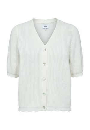Witte kortärmelige gebreide cardigan met V-hals, knoopsluiting aan de voorkant, geschulpte randen en een gestructureerd patroon.