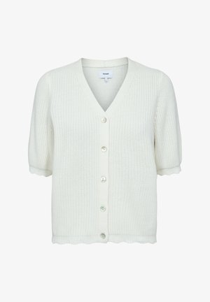 Witte kortärmelige gebreide cardigan met V-hals, knoopsluiting aan de voorkant, geschulpte randen en een gestructureerd patroon.