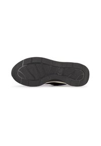Suola di scarpa in gomma nera con scanalature profonde e un accentuazione marrone chiaro. Presenta un design flessibile, adatto per la presa e la trazione.
