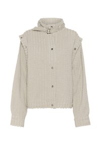 Vaaleanbeige teksturoitu takki, jossa on pitkät hihat, painonappikiinnitys edessä, korkea kaulus soljella ja näkyvät olkapään napit.