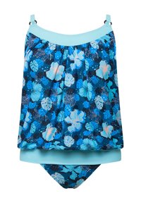 Souprava plavek s květinovým vzorem v modrých a tyrkysových odstínech, volný top a odpovídající bikiny. Měkká, pružná tkanina.