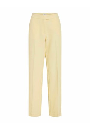 Pantalon droit taille haute en jaune pâle avec un devant lisse et un détail de ceinture dissimulée.