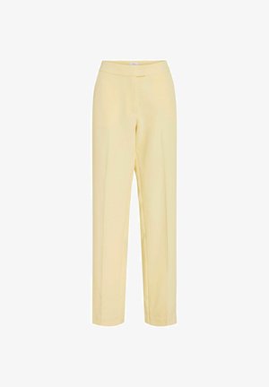 Augsta vidukļa taisnas bikses gaiši dzeltenā krāsā ar gludu priekšpusi un slēptu jostas detaļu.