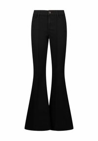 Pantalons noirs évasés taille haute avec coutures avant, passants de ceinture, fermeture à bouton et poches avant, présentés sur un fond blanc.