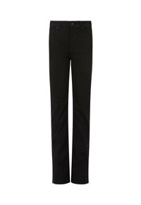 Pantaloni neri a gamba dritta realizzati in un tessuto misto cotone, presentano una chiusura con bottone, cinque tasche e dettagli di cucitura discreti.