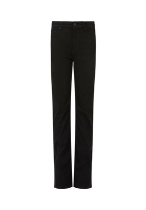 Pantaloni neri a gamba dritta realizzati in un tessuto misto cotone, presentano una chiusura con bottone, cinque tasche e dettagli di cucitura discreti.