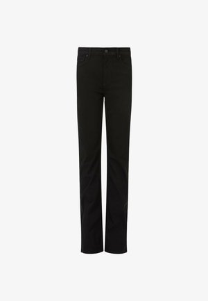 Schwarze gerade geschnittene Hosen aus einem Baumwoll-Mischgewebe verfügen über einen Knopfverschluss, fünf Taschen und dezente Nähte.