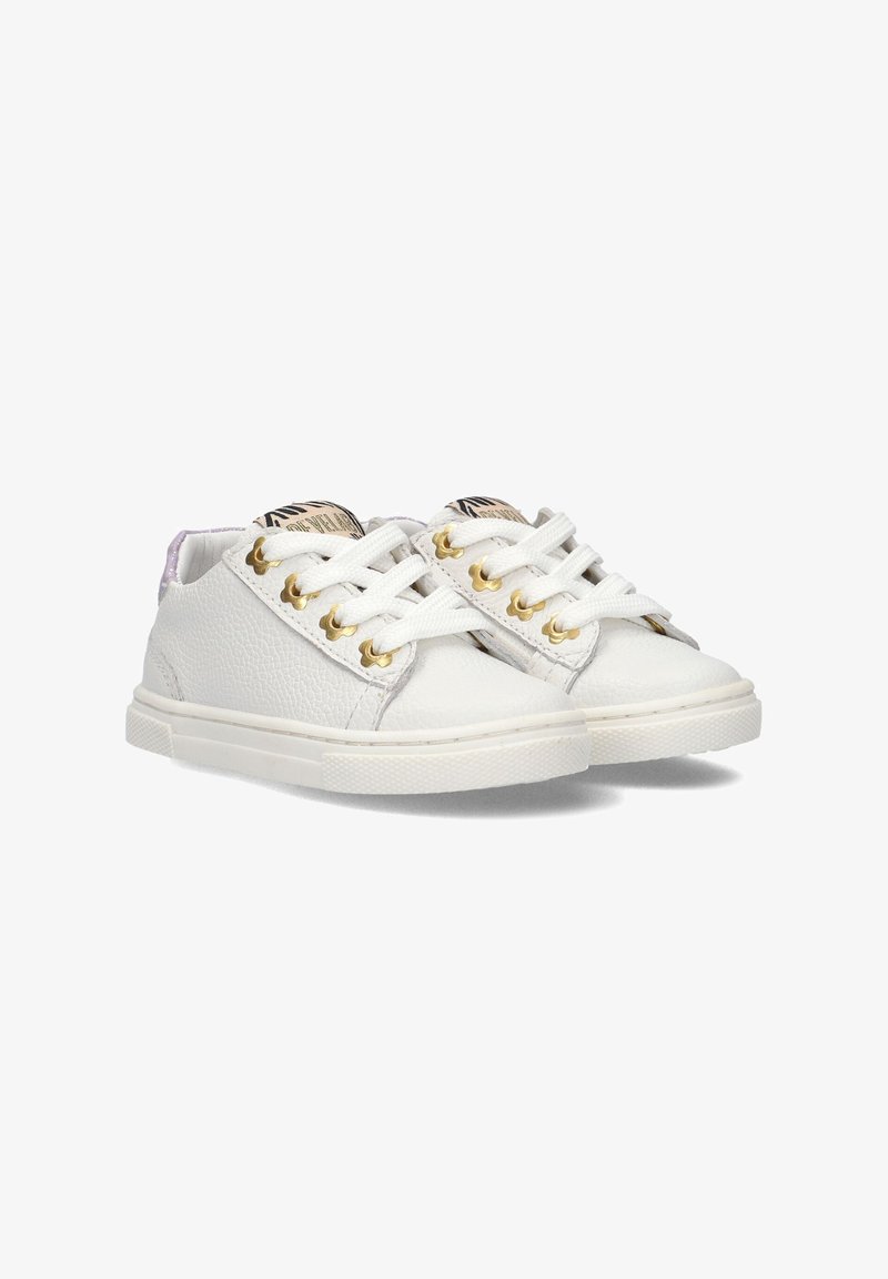 White sneakers with textured leather, gold eyelets, and white laces. Smooth white rubber sole with a subtle pattern. Accented with a lilac heel tab.