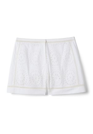 White shorts with embroidered floral eyelet patterns and scalloped edges on the front, made of lightweight fabric.