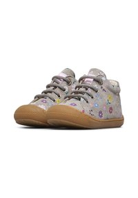 Sneaker grigie floreali con tomaia texturizzata, motivi floreali pastello, suole in gomma e collo imbottito per il comfort.